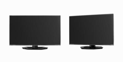 tv de pantalla plana lcd moderna con patas de metal en dos posiciones sobre un fondo blanco foto