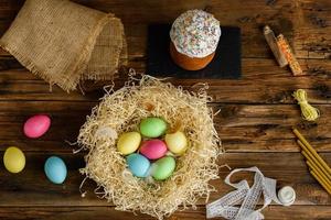 Easter cake and Easter eggs festive celebration table setting traditional decoration and treats photo