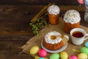 Easter cake and Easter eggs festive celebration table setting traditional decoration and treats photo