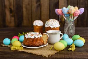 Easter cake and Easter eggs festive celebration table setting traditional decoration and treats photo
