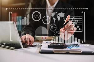 ata Management System with Business Analytics concept. business team hands working with provide information for Key Performance photo