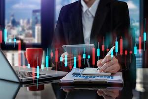 Two professional traides on technical price graph and indicator, red and green candlestick chart and stock trading computer photo