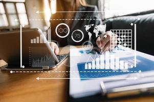 Data Management System with Business Analytics concept. business team hands working with provide information for Key Performance Indicators and marketing analysis onn virtual photo