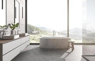 Modern bathroom interior design with nature view background. Sinks, bathtub and shower. Stone tile on wall and floor. 3d render illustration. photo