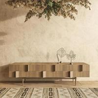 Salón interior de casa de campo con muebles de madera natural. 3d render ilustración estilo scandi-boho sobre fondo beige vacío. foto