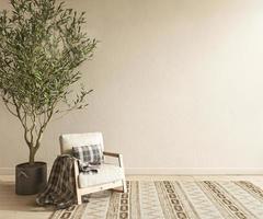 Boho scandinavian interior design living room. Mock up beige empty wall with armchair and olive tree. 3d render illustration. photo