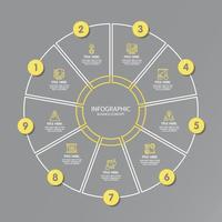 colores amarillo y gris para la infografía circular con iconos de líneas finas. 9 opciones o pasos para infografías. vector