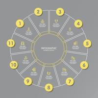 Yellow and Gray colors for circle infographic with thin line icons. 11 options or steps for infographics. vector