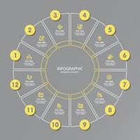 Yellow and Gray colors for circle infographic with thin line icons. 12 options or steps for infographics. vector