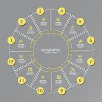 Yellow and Gray colors for circle infographic with thin line icons. 12 options or steps for infographics. vector