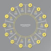 Yellow and Gray colors for circle infographic with thin line icons. 14 options or steps for infographics. vector
