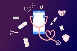 ilustración plana de telemedicina de salud en línea. consulta y tratamiento de atención médica en línea a través de la aplicación de una clínica de Internet conectada a una computadora. tecnología de consulta médica en línea. vector