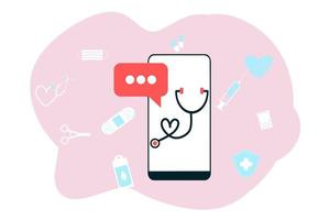 ilustración plana de telemedicina de salud en línea. consulta y tratamiento de atención médica en línea a través de la aplicación de una clínica de Internet conectada a una computadora. tecnología de consulta médica en línea. vector