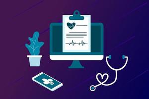 ilustración plana de telemedicina de salud en línea. consulta y tratamiento de atención médica en línea a través de la aplicación de una clínica de Internet conectada a una computadora. tecnología de consulta médica en línea. vector