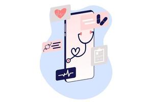 ilustración plana de telemedicina de salud en línea. Consulta y tratamiento de atención médica en línea a través de la aplicación de teléfono móvil de la clínica de Internet conectada a la computadora. Consulta médica en línea. vector