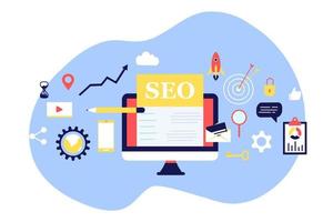 página de destino de la optimización de motores de búsqueda seo plantilla isométrica de diseño plano moderno. análisis y optimización de seo conceptual, estrategias de seo e ilustración de vector de concepto de marketing para sitio web.