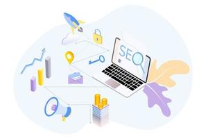 página de destino de la optimización de motores de búsqueda seo plantilla isométrica de diseño plano moderno. análisis y optimización de seo conceptual, estrategias de seo e ilustración de vector de concepto de marketing para sitio web.