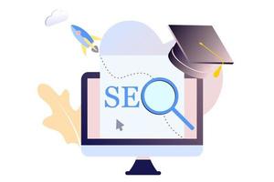 Landing page of SEO Search Engine Optimization modern flat design isometric template. Conceptual SEO analysis and optimization, SEO strategies and marketing concept vector illustration for web site.