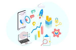 Landing page of SEO Search Engine Optimization modern flat design isometric template. Conceptual SEO analysis and optimization, SEO strategies and marketing concept vector illustration for web site.