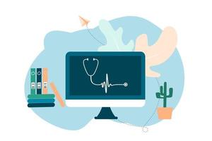 ilustración plana de telemedicina de salud en línea. consulta y tratamiento de atención médica en línea a través de la aplicación de una clínica de Internet conectada a una computadora. tecnología de consulta médica en línea. vector