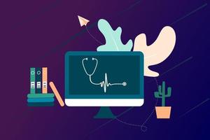 ilustración plana de telemedicina de salud en línea. consulta y tratamiento de atención médica en línea a través de la aplicación de una clínica de Internet conectada a una computadora. tecnología de consulta médica en línea. vector