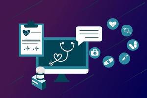 ilustración plana de telemedicina de salud en línea. Consulta y tratamiento de atención médica en línea a través de la aplicación de teléfono móvil de la clínica de Internet conectada a la computadora. Consulta médica en línea. vector