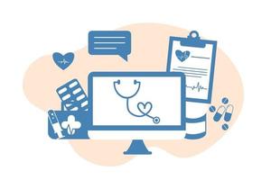 ilustración plana de telemedicina de salud en línea. Consulta y tratamiento de atención médica en línea a través de la aplicación de teléfono móvil de la clínica de Internet conectada a la computadora. Consulta médica en línea. vector