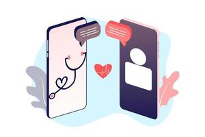 ilustración plana de telemedicina de salud en línea. Consulta y tratamiento de atención médica en línea a través de la aplicación de teléfono móvil de la clínica de Internet conectada a la computadora. Consulta médica en línea. vector