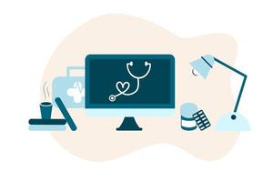 ilustración plana de telemedicina de salud en línea. Consulta y tratamiento de atención médica en línea a través de la aplicación de teléfono móvil de la clínica de Internet conectada a la computadora. Consulta médica en línea. vector