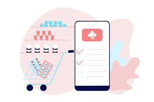 Online pharmacy app concept of healthcare, drugstore and e-commerce. Vector illustration of prescription drugs, first aid kit and medical supplies being sold online via web or computer technology.