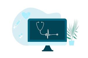 ilustración plana de telemedicina de salud en línea. consulta y tratamiento de atención médica en línea a través de la aplicación de una clínica de Internet conectada a una computadora. tecnología de consulta médica en línea. vector