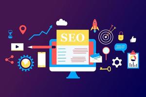 página de destino de la optimización de motores de búsqueda seo plantilla isométrica de diseño plano moderno. análisis y optimización de seo conceptual, estrategias de seo e ilustración de vector de concepto de marketing para sitio web.