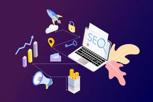 página de destino de la optimización de motores de búsqueda seo plantilla isométrica de diseño plano moderno. análisis y optimización de seo conceptual, estrategias de seo e ilustración de vector de concepto de marketing para sitio web.