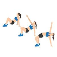 Woman doing bridge and twist exercise. Flat vector illustration isolated on white background