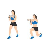 mujer haciendo golpe de estocada con ejercicio con mancuernas. ilustración vectorial plana aislada sobre fondo blanco vector