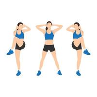 Woman doing Standing criss cross crunches exercise. Flat vector illustration isolated on white background
