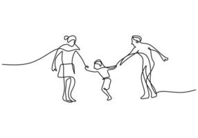 One continuous single line of mom, dad and son on white background. vector