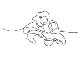 One continuous single line of mom and daughter cooking together vector