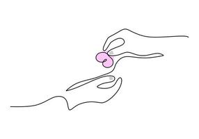 One continuous single line of hand give love on white background. vector
