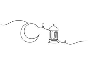 One continuous single line of Crescent moon and lantern vector