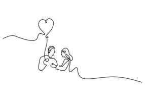 One continuous single line of romantic couple bring heart balloon vector