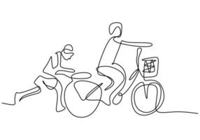 One continuous single line of brother and sister playing bicycle vector