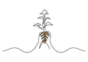 One continuous single line of hand holding plant vector