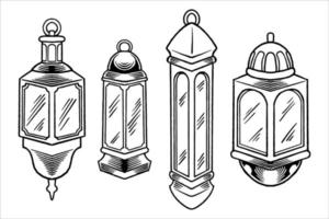 Set of hand drawn lanterns for ramadan in black white style. vector