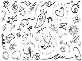 Abstract arrows, ribbons, crowns, hearts, explosions and other elements in hand drawn style for concept design. Doodle illustration. Vector template for decoration