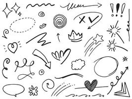 Abstract arrows, ribbons, crowns, hearts, explosions and other elements in hand drawn style for concept design. Doodle illustration. Vector template for decoration