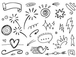 Abstract arrows, ribbons, crowns, hearts, explosions and other elements in hand drawn style for concept design. Doodle illustration. Vector template for decoration