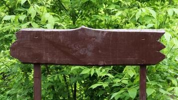 Wooden brown sign on a background of green leaves, bushes and trees in a park or forest. Place for your text or logo, advertisement. Copy space. Blank, blank sign. photo