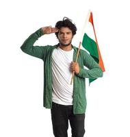 Young man with Indian flag or tricolor on white background, Indian Independence day, Indian Republic day photo
