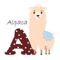 ilustración del alfabeto inglés con la imagen de una alpaca, para enseñar a los niños pequeños con una hermosa tipografía. abc - letra a vector